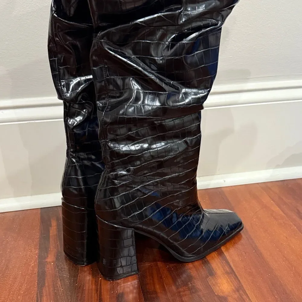 Pretty Little Thing Croc Embossed Long Ruched Boots  Size 9